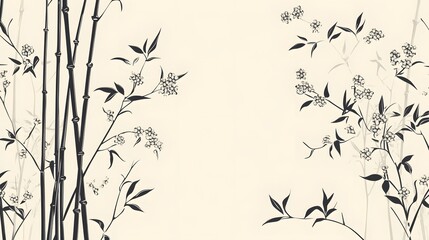 Fototapeta premium 40. A minimalistic design of bamboo stalks intertwined with delicate flowers in black and white