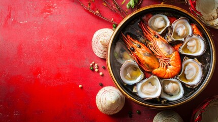 traditional asian luxury treasure premium seafood Peng cai abalone, sea cucumber, scallop, prawn, oyster, mushroom in hot clay pot on red table for Chinese new year cuisine halal banquet food menu