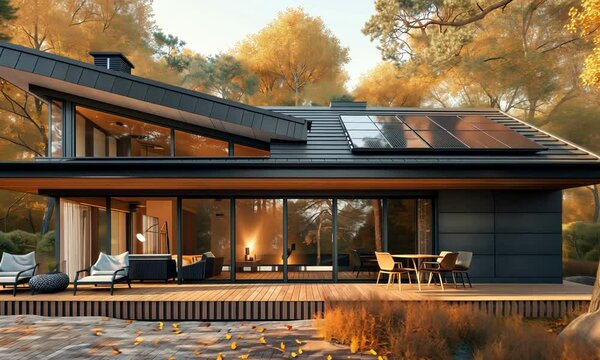Camera moving towards passive eco-friendly suburban house exterior with solar panels in autumn landscape and warm sunlight