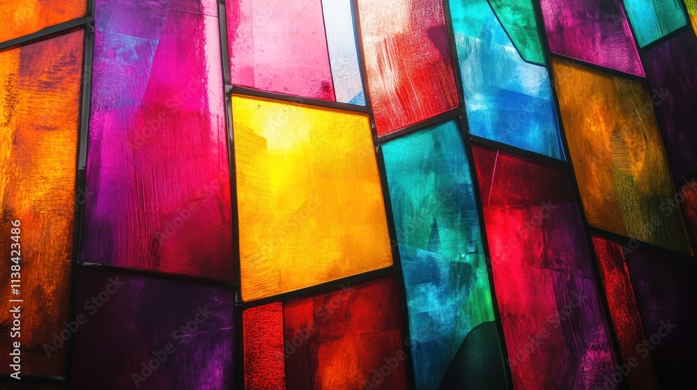 Poster a vibrant stained glass window featuring colorful geometric patterns.