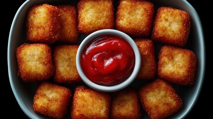 Crispy, golden-brown cheese cubes arranged in a shallow dish, with a small bowl of ketchup in the center.