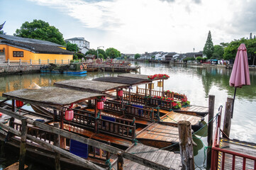 Boat tour scenery around Shanghai Zhujiajiao old village on the riverside with historical buildings