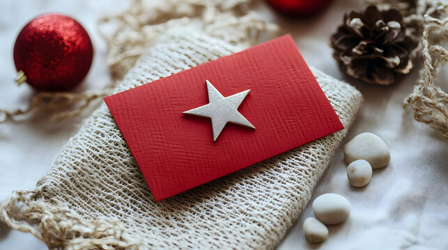 A festive red card with a white star, surrounded by holiday decorations and natural elements.