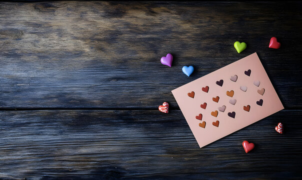 A card adorned with heart shapes on a wooden surface, suggesting a romantic theme.