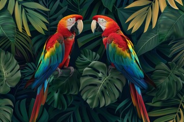 Fototapeta premium Tropical parrots surrounded by lush foliage in vivid colors, creating a vibrant and lively atmosphere, ideal for nature themed projects and designs