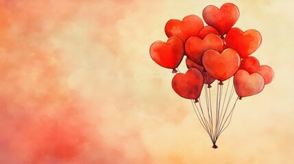 Cluster of Pale Red Heart Balloons in a Watercolor Background with Soft Hues for Romantic Themes and Celebrations