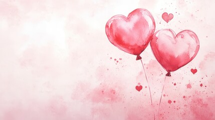 Soft Pink Watercolor Wash with Heart Balloons and Delicate Splashes for Romantic or Celebration Themes