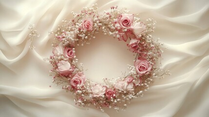 Fototapeta premium Delicate Pink Roses and Baby Breath Wreath on Cream Fabric