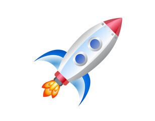 Gradient silver rocket icon being propelled into space
