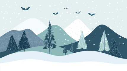 Snowy Winter Landscape  Mountains  Trees  Birds  Snowflakes  Holiday