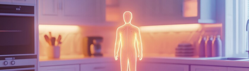 Glowing Human Body Wireframe in Modern Kitchen