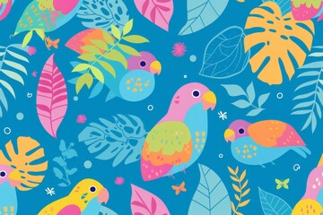 Fototapeta premium Tropical parrots surrounded by lush foliage in vivid colors, creating a vibrant and lively atmosphere, ideal for nature themed projects and designs