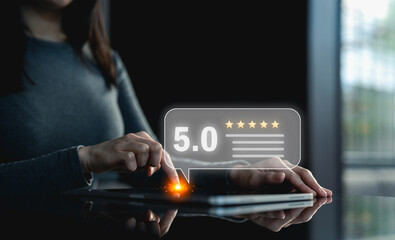 Customer Experience Concept, Best Excellent Services Rating for Satisfaction present by Hand of Client Showing excellent rating Five Star. Review, feedback, good, the best of product and service
