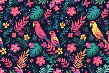 Tropical parrots surrounded by lush foliage in vivid colors, creating a vibrant and lively atmosphere, ideal for nature themed projects and designs