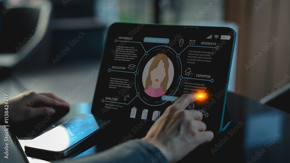 Poster a businessman uses a laptop, seamlessly integrating personal information file storage with hr checkl