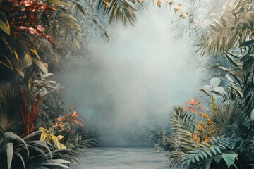 Tropical Paradise: Lush Greenery and Misty Background. Digital Background.