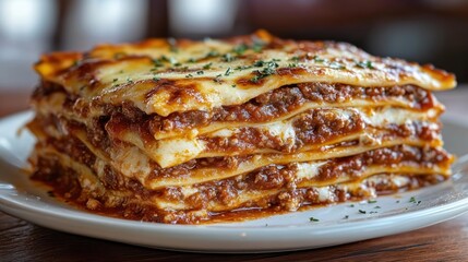 Delicious lasagna on white plate.