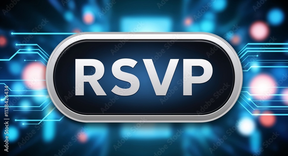Poster rsvp word lettering on a button in digital tech blur background