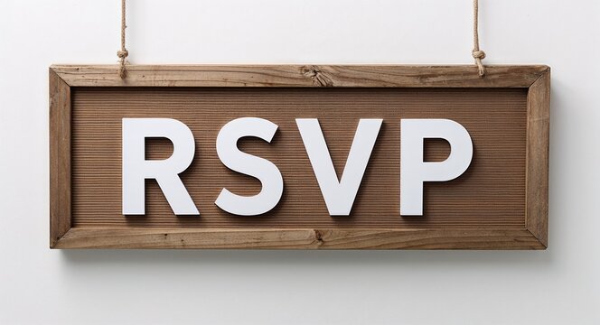 rsvp lettering on hanging sign board on plain white background