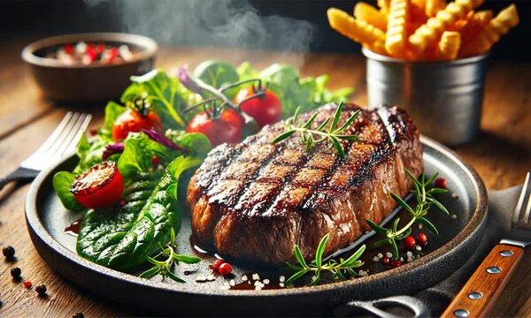 Steaming hot meat beed steack with fresh juicy vegetables and fries food advertising campaign