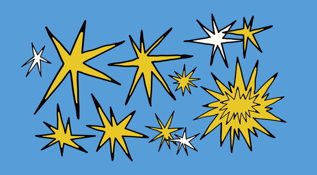 Abstract quirky Stars. Different unique shapes, doodles. Contemporary trendy style. Hand drawn modern Vector illustration. All elements are isolated