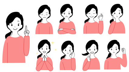 A set of illustrations of various expressions of a young woman's upper body. Joy, anger, sorrow, and pleasure.