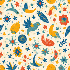 Whimsical Birds and Floral Bliss - Seamless Pattern