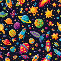 Vibrant Rockets and Cosmic Planets - Seamless Pattern