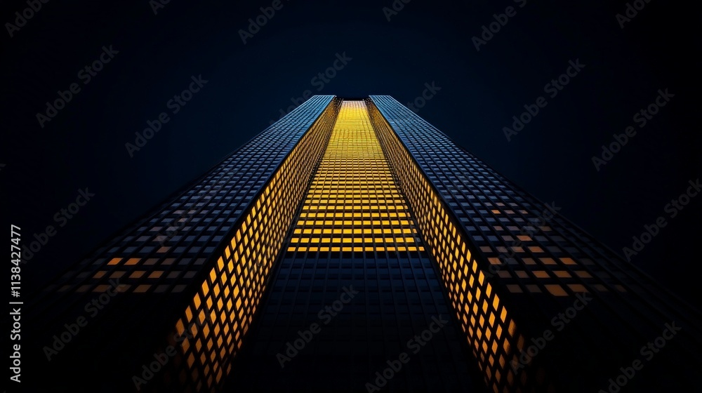Poster towers of light: a low angle shot of a towering skyscraper illuminated at night, the light streams f