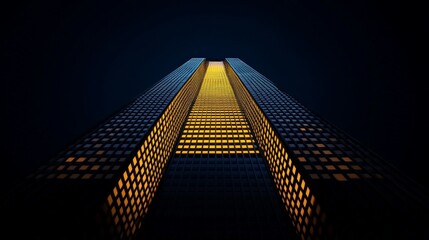 Towers of Light: A low angle shot of a towering skyscraper illuminated at night, the light streams from the windows, creating a sense of power, ambition, and modern design.  