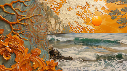 Decorative surreal seascape with sunset and abstract patterns