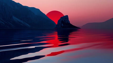Serene Sunset Over Mountain Lake with Red Reflections