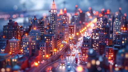Obraz premium Night city miniature model with illuminated buildings and traffic.