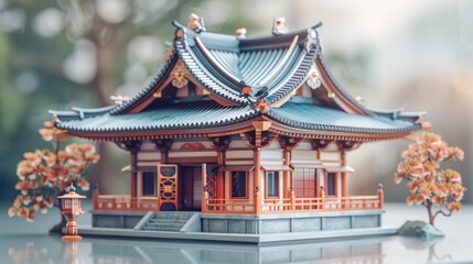 Naklejka premium Intricate miniature Japanese temple model with blossom trees.