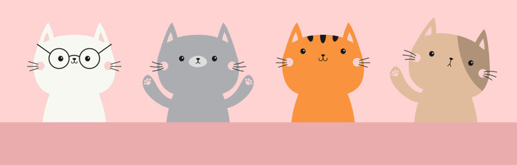 Draw Cat set line banner. Kitten with hands Paw print. Funny Kawaii pet animal. Cute cartoon doodle baby character. Gray, orange silhouette. Childish style. Flat design. Pink background. Vector