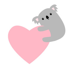 Koala bear hanging on pink heart. Cute cartoon funny baby character. Kawaii animal. Sticker, t-shirt print template. Love Valentines Day greeting card. Flat design. White background. Isolated. Vector