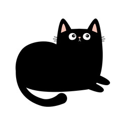 Cute laying cat. Sad face head. Funny kitten with looks up. Black silhouette icon. Kawaii pet animal. Cartoon funny character. Childish style. Happy Halloween. Flat design. White background. Vector