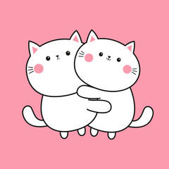 Happy Valentines day. Cute cat kitten set hugging Love couple family. Hug, embrace, cuddle. Line contour silhouette. Kawaii funny cartoon character. Greeting card. Pink background. Flat design. Vector