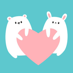 White bunny rabbit Bear holding big pink heart. Happy Valentines Day. Kawaii head face. Cute cartoon funny animal character. Love card. Childish style. Flat design. Isolated. Blue background. Vector