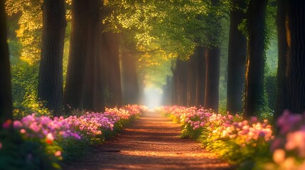 83. An ethereal woodland path lined with blooming flowers, softly illuminated