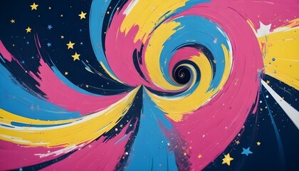 Un fondo colorido y abstracto con vibrantes colores rosa, amarillo y azul, junto con estrellas y otros elementos caprichosos