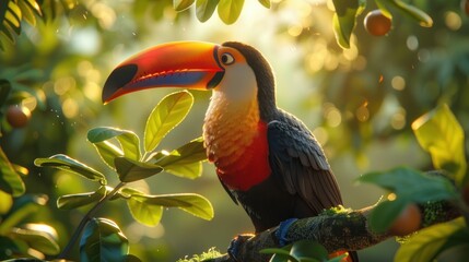 Vibrant toucan perched on a branch in a sunlit rainforest.