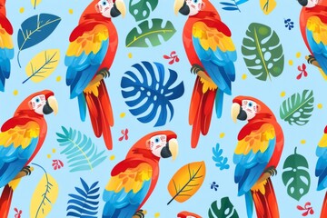 Tropical parrots surrounded by lush foliage in vivid colors, creating a vibrant and lively atmosphere, ideal for nature themed projects and designs
