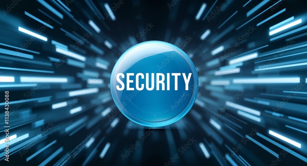 Poster security word lettering on a button in digital tech blur background