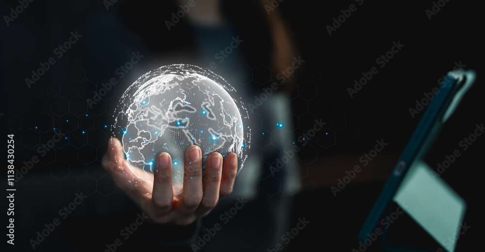 Poster big data analytics and business intelligence concept. businessman holding global network connection.