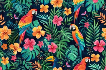 Tropical parrots surrounded by lush foliage in vivid colors, creating a vibrant and lively atmosphere, ideal for nature themed projects and designs