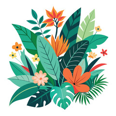 This artwork showcases a variety of tropical plants with striking colors, highlighting their lush leaves and intricate flowers against a clean white background, ideal for decoration or design work,
