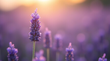 Fototapeta premium Serene Lavender bathed in the golden sunset glow, a breathtaking display of nature's artistry. Tranquil beauty unfolds.