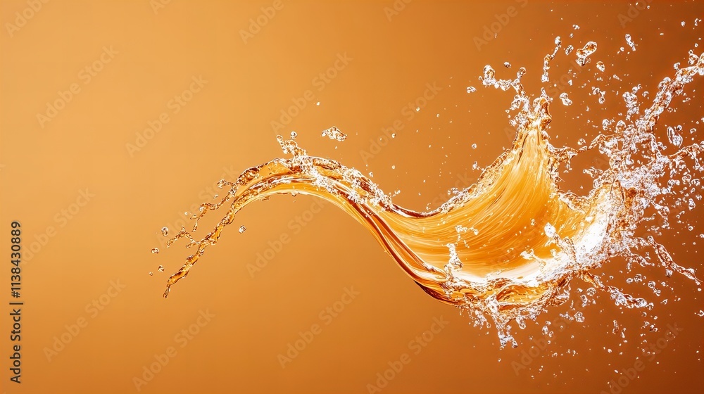 Poster a graceful splash of water against a warm orange background, creating dynamic movement and visual in