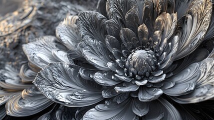 100. A dramatic close-up of a flower with intricate details, rendered in shades of gray